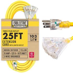 Dl-52c2 Cablectric Dl-31c 25 Ft Outdoor Extension Cord With 3 Power Outlets - 15 Amp 10/3 Sjtw Heavy Du