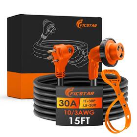 Ficstar-30a-15ft-tt30p-l530r Ficstar 30 Amp Rv Extension Cord 15 Ft Heavy Duty Generator With Led P