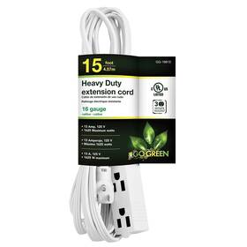 Gg-19615 Go Green Power 15ft Extension Cord 3-outlet 16 Awg White