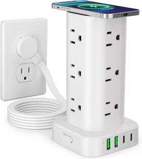 Kangoor Express 313101581546 Power Strip Tower With Wireless Charger Flat Plug Surge Protector 6f