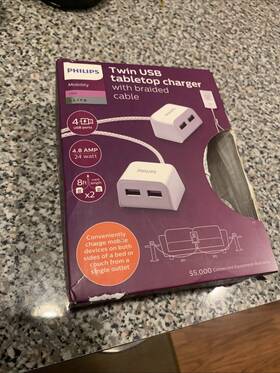 Dlk51344m Philips Dlk51344m/27 Twin Usb Tabletop Charger With Braided Cord 16 Ft. Splitter Power