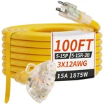 Plugsaf 100 Ft 12/3 Gauge Outdoor Extension Cord With Multiple Outlets Light .... Fixed Price $155.99.