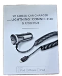 New Insignia 9 Ft Coiled Car Charger With 8-PIN & Usb Por For Iphone 7+/6+/6S/5C. Fixed Price $17.86.